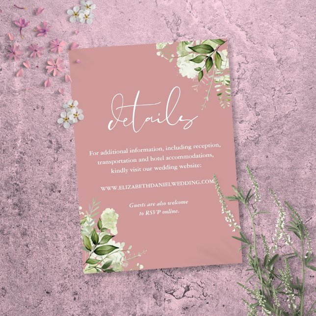 Dusty Rose Greenery Blommiga Bröllopsdetaljer Tilläggskort (Dusty Rose Greenery Floral Wedding Details Enclosure Card)