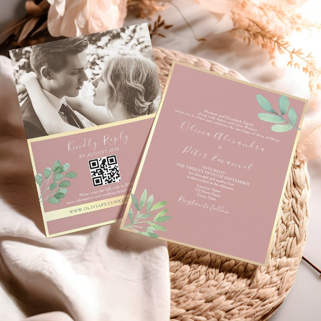 Dusty Rose Greenery Bröllops QR-inbjudan Inbjudningar (Skapare uppladdad)