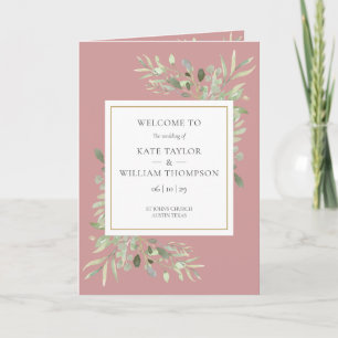 Dusty Rose Greenery Foliage Bröllop Program