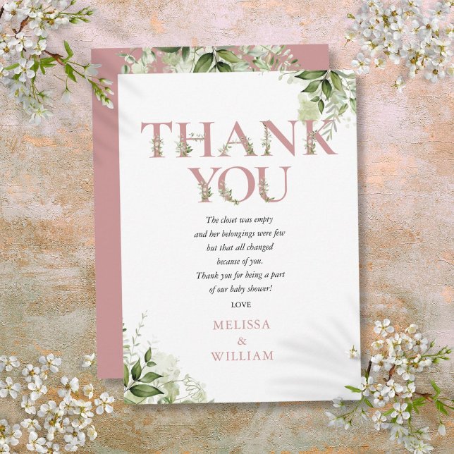 Dusty Rose Greenery Letter Baby Shower Dikt Tack Kort (Dusty Rose Greenery Letter Baby Shower Poem Thank You Card)