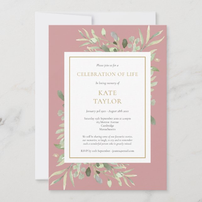 Dusty Rose Greenery Livs firande Begravning Inbjudningar (Framsida)