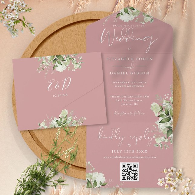 Dusty Rose Greenery QR-kod Monogram Bröllop (Skapare uppladdad)