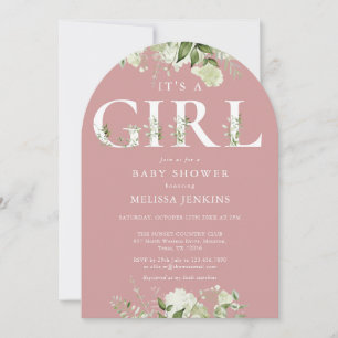 Dusty Rose It's A Girl Greenery Bokstav Babykalas Inbjudningar