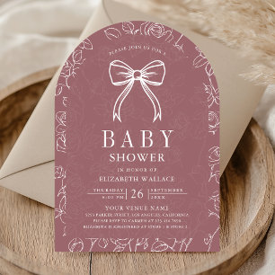 Dusty Rose Linje Konst Coquette Bow Baby Shower Inbjudningar