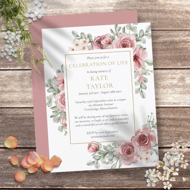 Dusty Rose Livs firande Begravnings inbjudan (Dusty Rose Celebration of Life Funeral Invitation)