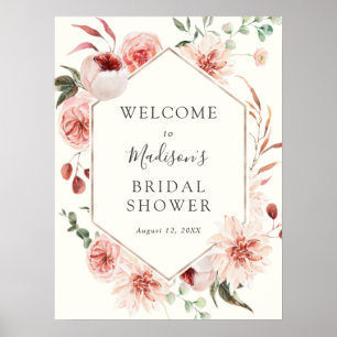 Dusty Rose Mauve Blommor och Grönska Välkomstskylt Poster