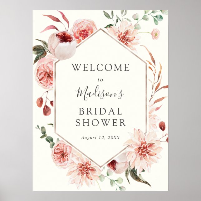 Dusty Rose Mauve Blommor och Grönska Välkomstskylt Poster (Framsidan)