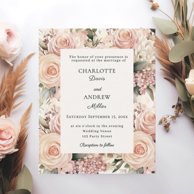 Dusty rose mauve ivory florals wedding invitation (Skapare uppladdad)