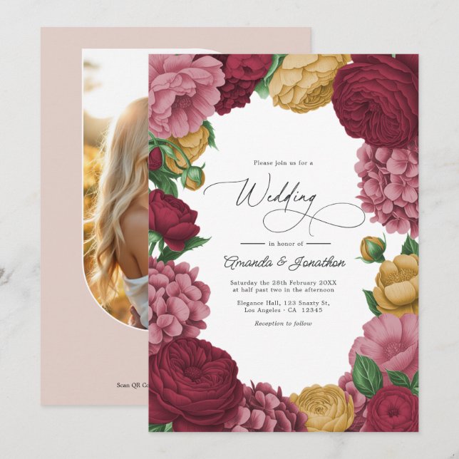 Dusty Rose, Merlot & Antique Gold Blommig Bröllops Inbjudningar (Fram/baksida)