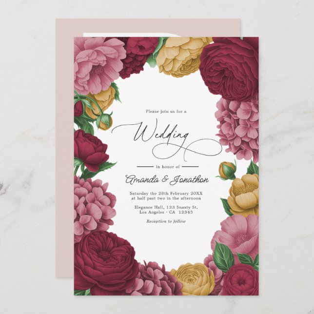 Dusty Rose, Merlot & Antique Gold Floral Wedding Inbjudningar (Fram/baksida)
