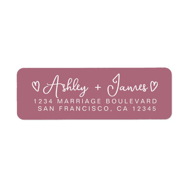 Dusty Rose Modern Script Hjärtan Returadress Etikett (Framsidan)