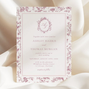 Dusty Rose Monogram Chinoiserie Bröllop Inbjudningar