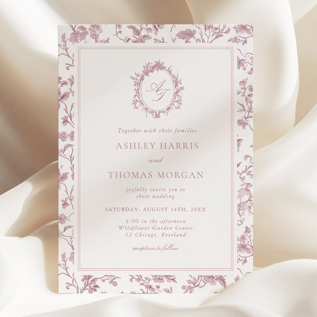 Dusty Rose Monogram Chinoiserie Bröllop Inbjudningar (Skapare uppladdad)