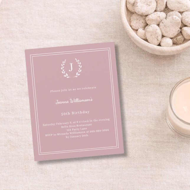 Dusty rose monogrammed wreath birthday invitation (Skapare uppladdad)