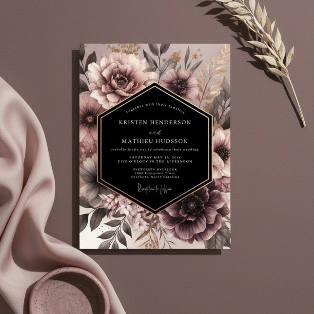 Dusty Rose Moody Floral Opulent Wedding Inbjudningar (Skapare uppladdad)