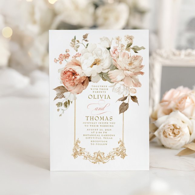 Dusty Rose och Beige Earthy Botanisk Bröllop Inbjudningar (Victorian Flowers Elegant Chic Botanical Wedding Invitation)