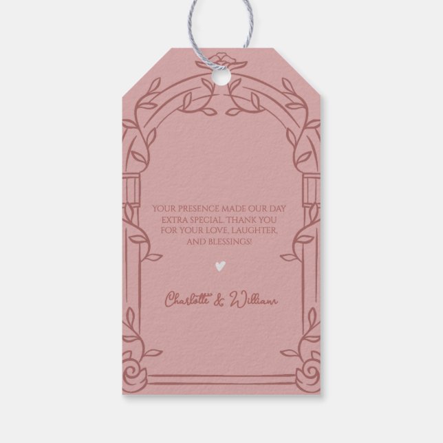 Dusty Rose Ornate Arch Botanical Wedding Favor Presentetikett (Baksidan)