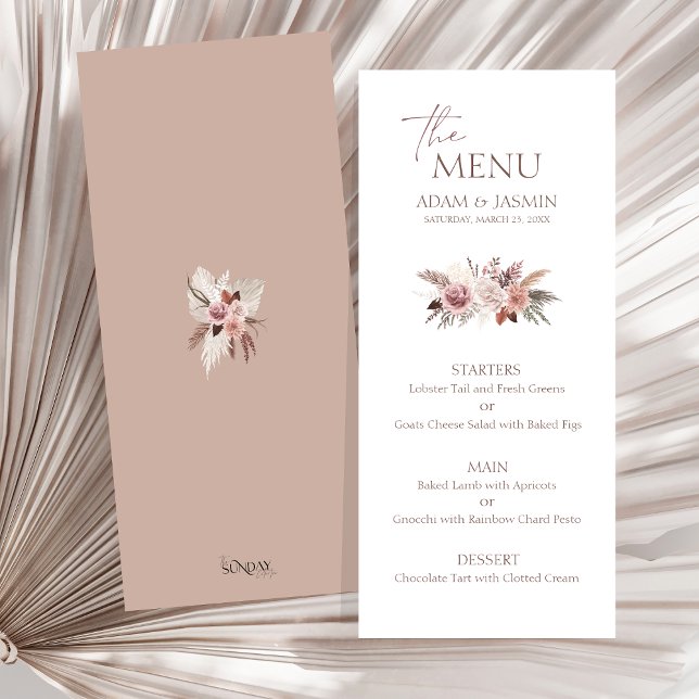 Dusty Rose Pampas Boho Bröllopsmeny Meny (Boho Dusty Pink Dried Flowers Pampas Grass Wedding Menu)