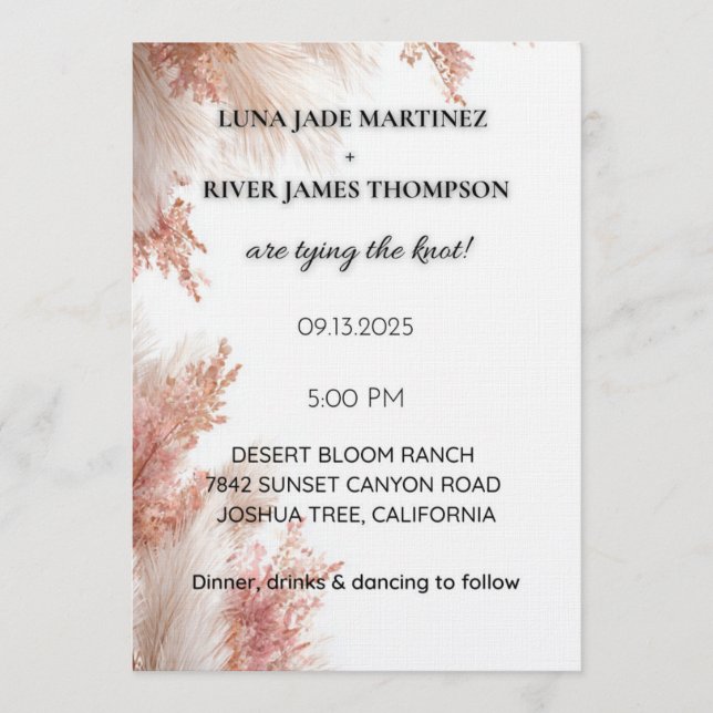 Dusty Rose Pampas Grass Wedding Invitation Inbjudningar (Framsida)