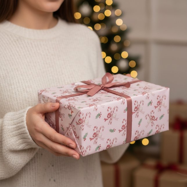 Dusty Rose Pink Candy Cane Coquette Bows Christmas Presentpapper (Skapare uppladdad)