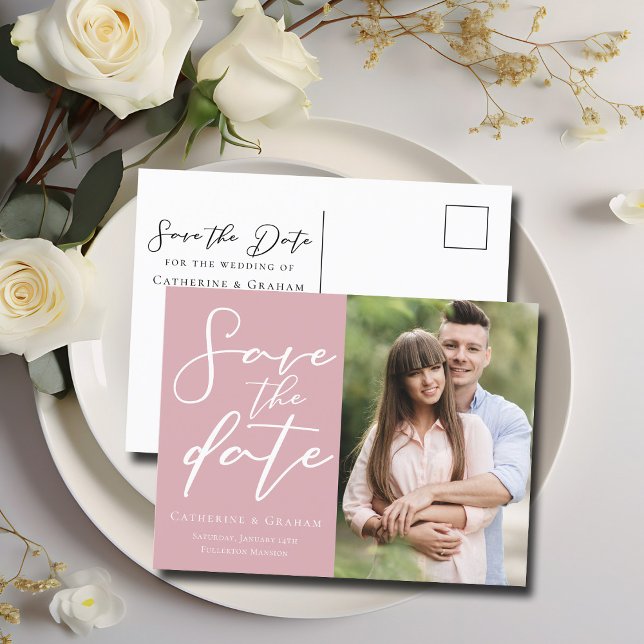 Dusty Rose Pink Couple Photo Save the Date Meddelande Vykort (Skapare uppladdad)