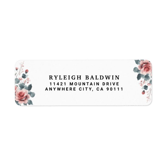 Dusty Rose Pink Mauve Elegant Greenery Floral  Returadress Etikett (Framsidan)