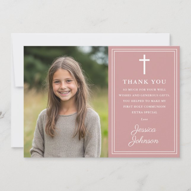Dusty Rose Pink Modern Photo First Holy Communion Tack Kort (Framsida)
