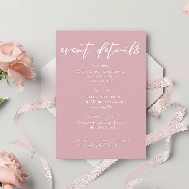 Dusty Rose Pink White Script Wedding Event Details Tilläggskort (Skapare uppladdad)