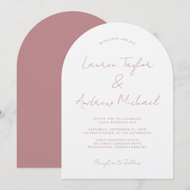 Dusty Rose Romantic Modern Arch Wedding Inbjudningar (Fram/baksida)