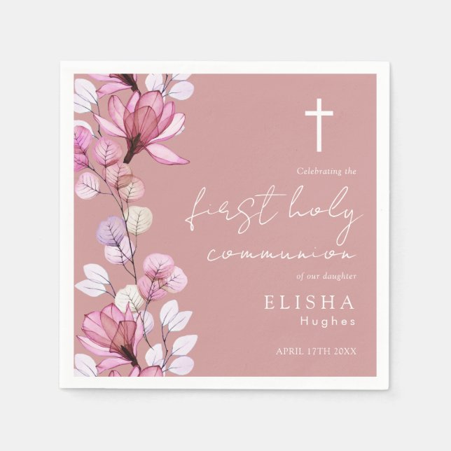 Dusty Rose Rosa Blommig Första Kommunion Pappersservett (Framsidan)