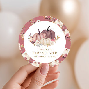 Dusty Rose Rosa Blommig Pumpa Bebis Shower Runt Klistermärke