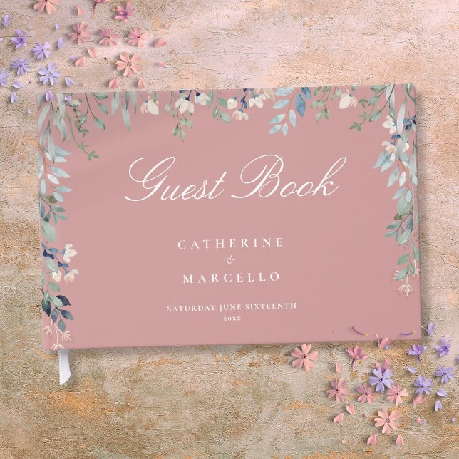 Dusty Rose Rosa Blommiga Vildblommor Kaskad Bröllo Gästböcker (Dusty Rose Pink Floral Wildflowers Cascade Wedding Guest Book)