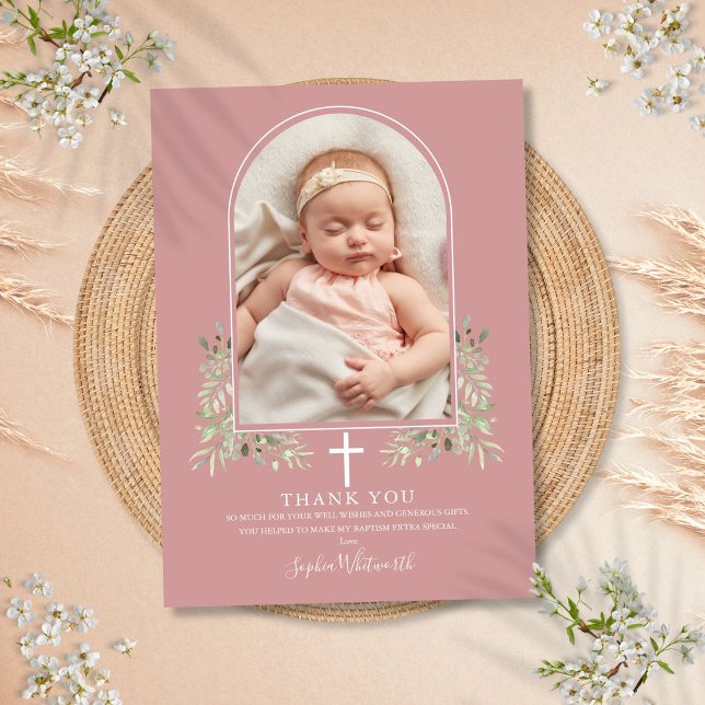 Dusty Rose Rosa Dopingsgrönska Ark Foto Tack Kort (Dusty Rose Pink Baptism Greenery Arch Photo Thank You Card)