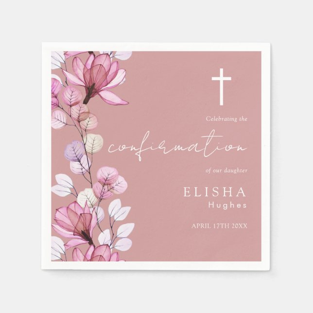 Dusty Rose Rosa Genomskinlig Blommig Konfirmation Pappersservett (Framsidan)