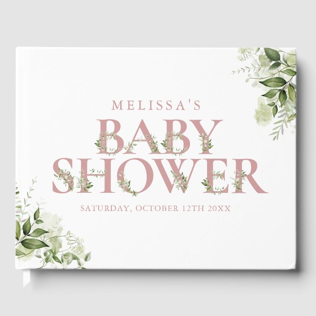 Dusty Rose Rosa Grönska Bokstav Baby Shower Gästböcker (Framsida)