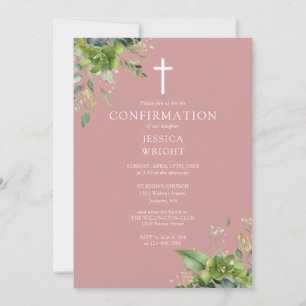 Dusty Rose Rosa Grönt Monogram Konfirmation Inbjudningar