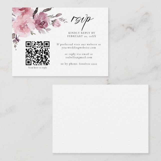 Dusty Rose Rosa Mauve Blommig QR-kod Bröllop RSVP Tilläggskort (Fram/baksida)