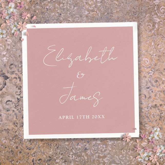 Dusty Rose Rosa Modern Minimalistisk Skript Bröllo Pappersservett (Dusty Rose Pink Modern Minimalist Script Wedding Napkins)