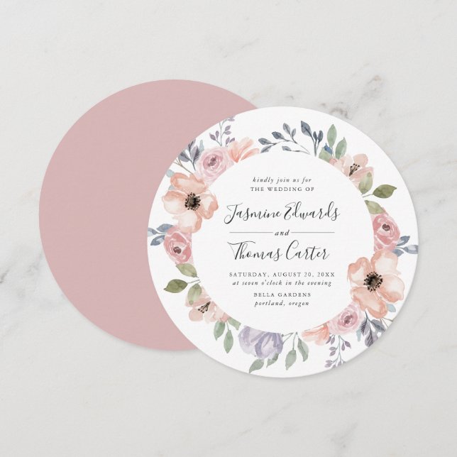 Dusty Rose Rosa Vattenfärg Blommig | Cirkulär Bröl Inbjudningar (Fram/baksida)
