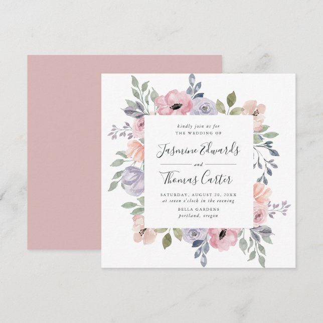 Dusty Rose Rosa Vattenfärg Blommig | Fyrkantig Brö Inbjudningar (Fram/baksida)