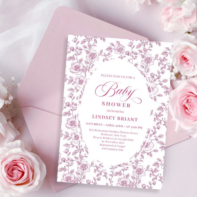 Dusty Rose Rosmönster Rosa Baby Shower Inbjudan (Dusty Rose Rose Pattern Pink Baby Shower Invitation)