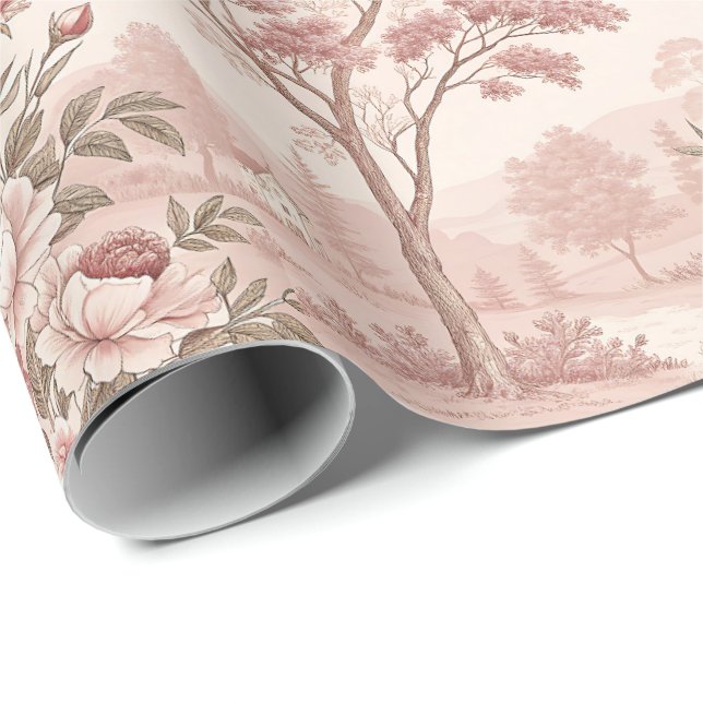 Dusty Rose Scenery French Toile Wrapping Paper Presentpapper (Rullad Hörn)
