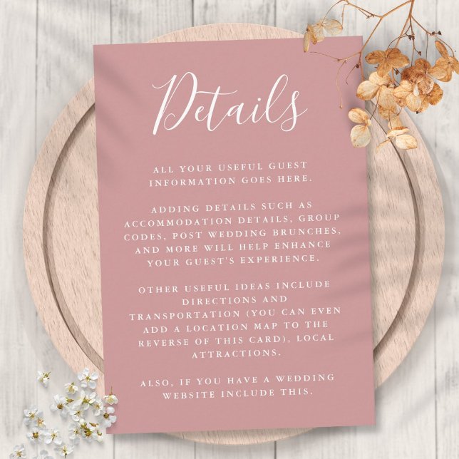 Dusty Rose Script Gästinformationsdetaljer Tilläggskort (Dusty Rose Script Guest Information Details Enclosure Card)
