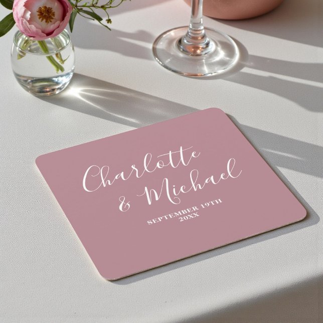 Dusty Rose Script Minimalistisk Bröllop Underlägg Papper Kvadrat (Skapare uppladdad)