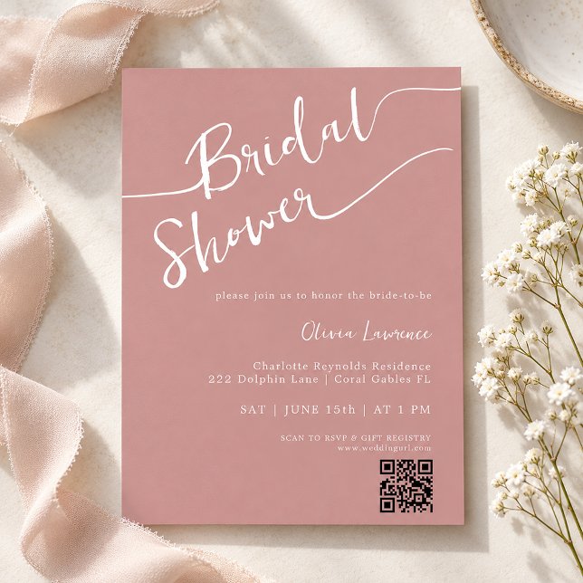 Dusty Rose Script QR Bröllopsdusch Inbjudningar (Dusty Rose Script QR Bridal Shower)