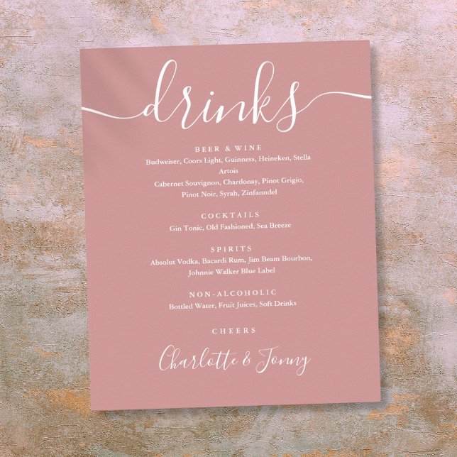 Dusty Rose Signatur Skript Dryckesmeny Skylt (Dusty Rose Signature Script Drinks Menu Sign)