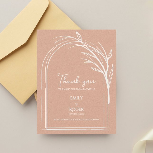 Dusty Rose Simple Arch Botanical Wedding Thank You Vykort (Dusty Rose Minimalist Arch Botanical Wedding Thank You Card | Romantic Elegant Thank You Note)