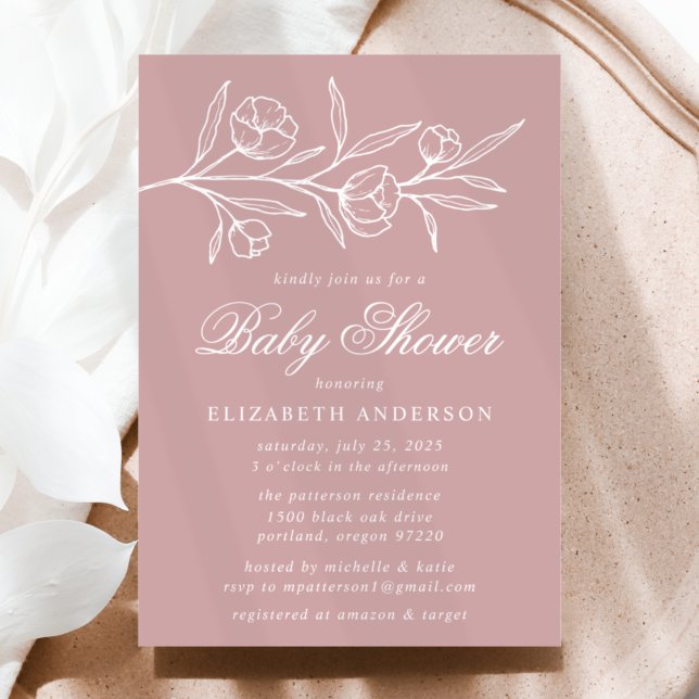 Dusty Rose Skisserad Blommig Bebis Shower Inbjudningar (Skapare uppladdad)
