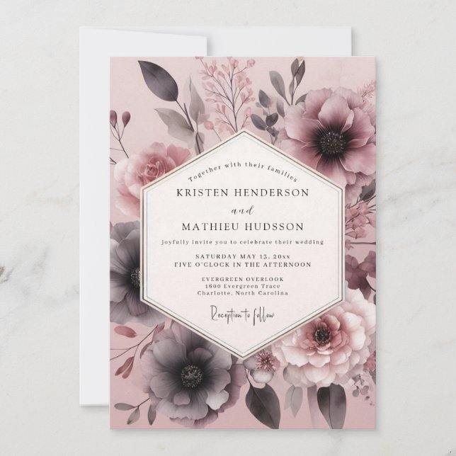 Dusty Rose Sorgsen Blomning Bröllop Inbjudningar (Framsida)