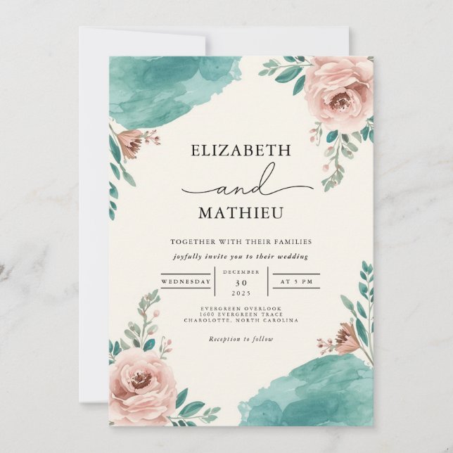 Dusty Rose Teal Floral Flourish Wedding Inbjudningar (Framsida)